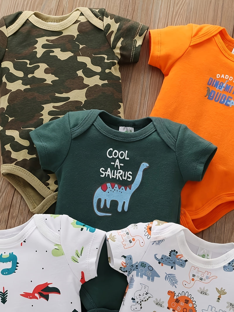 5pcs Baby Casual Triangle Bodysuit Set, Dinosaur  Short-Sleeved Jumpsuit.