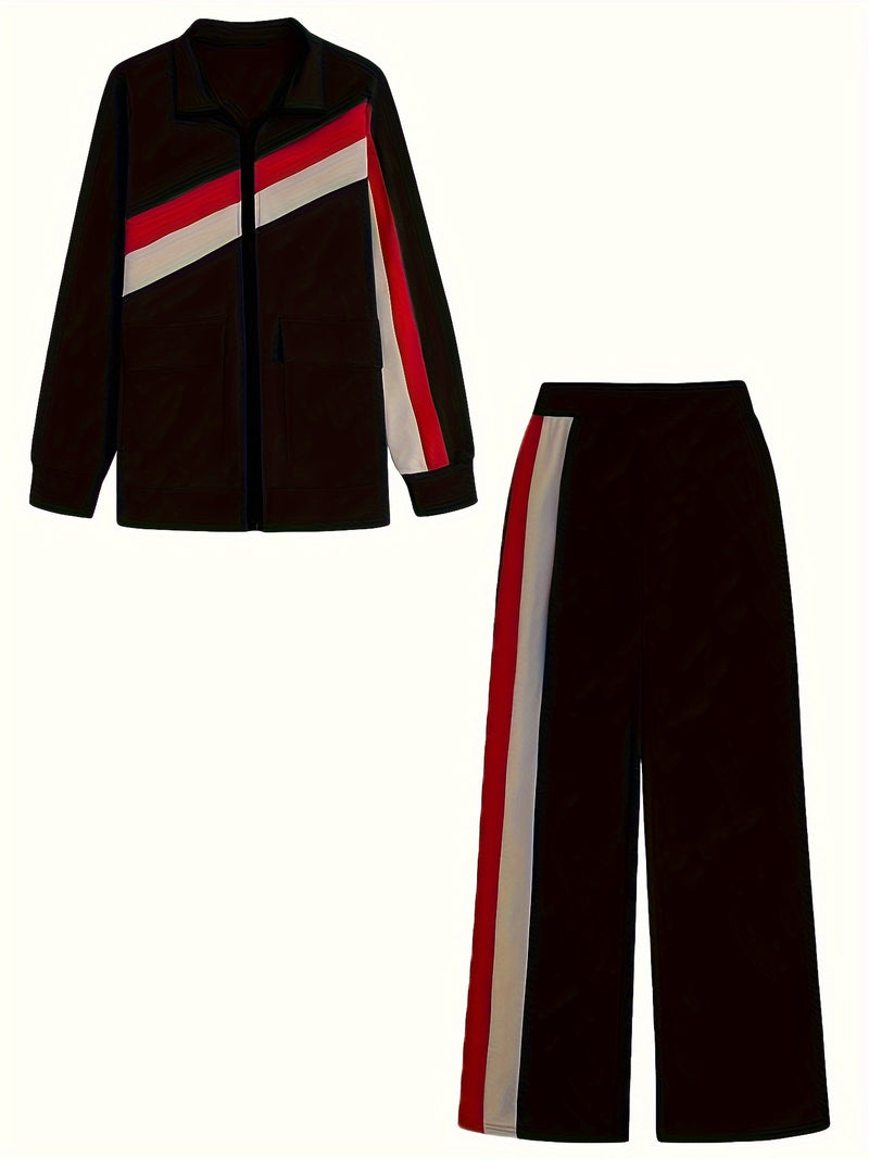 Women's Color-Blocked with Pockets, Stylish And Casual Two-Piece Set.