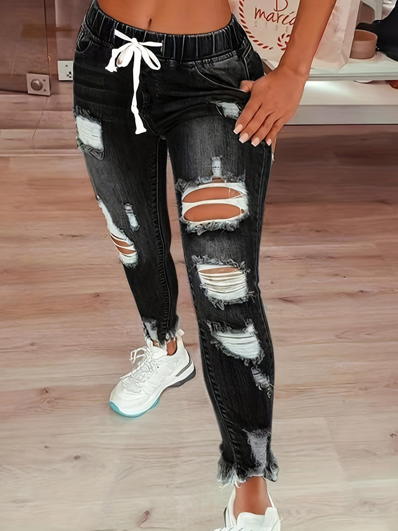 Women's Stretchy High-Waisted Ripped Denim Jeans.