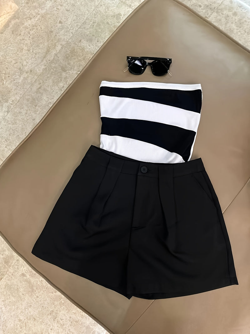 Women’s -Blocked Strapless Fitted Top Paired with Versatile Casual Shorts.