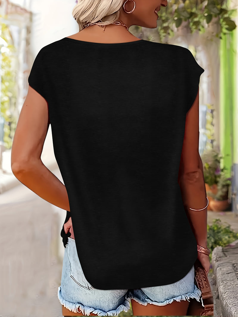 Women’s Comfortable V-Neck Short-Sleeve T-Shirt Features a Print.
