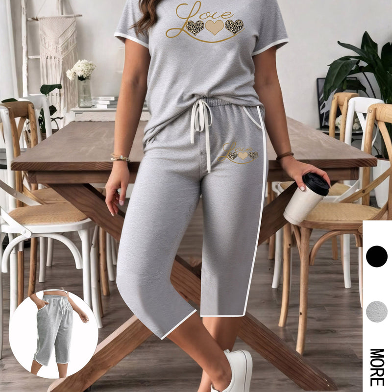 Women's Heart Print White Tie-Front Round Neck Short Sleeve T-Shirt and 7/8 Pants.