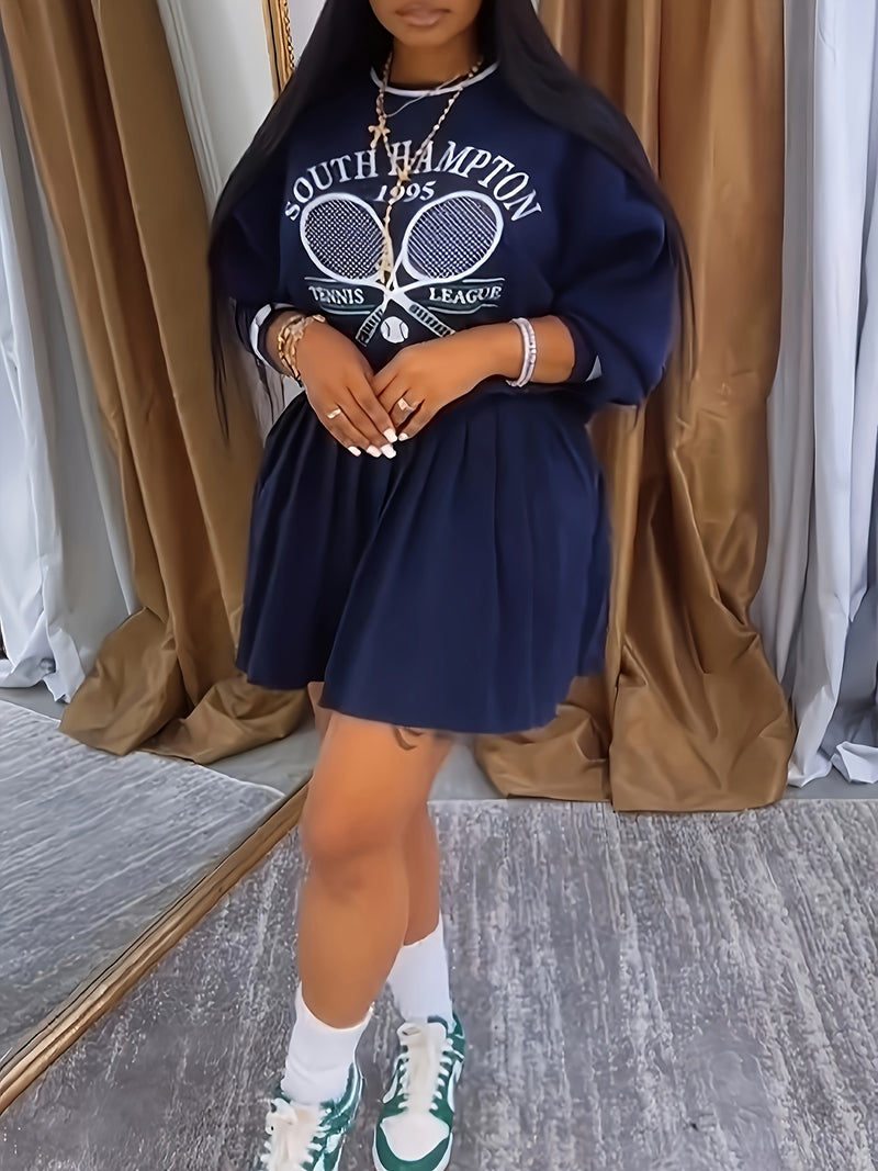 Women’s Printed Sweatshirt and Pleated Skirt Two-Piece Set.