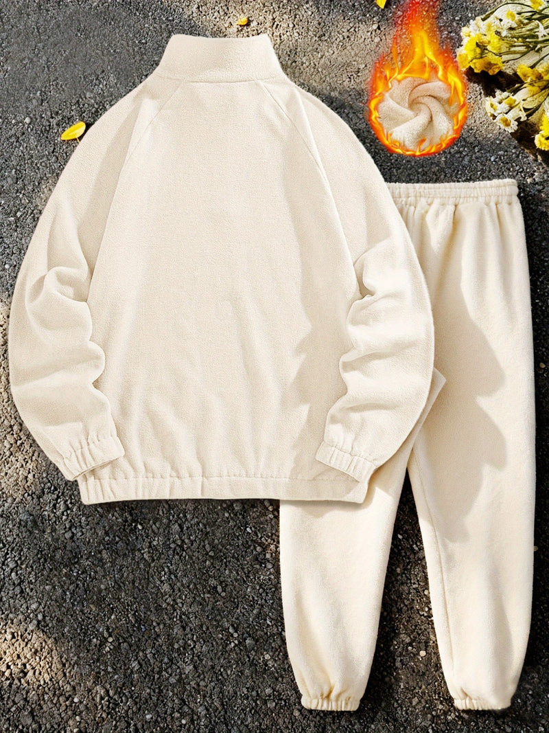 Men's Winter Set with Fleece-Lined Stand Collar Zip-Up Hoodie and Drawstring.