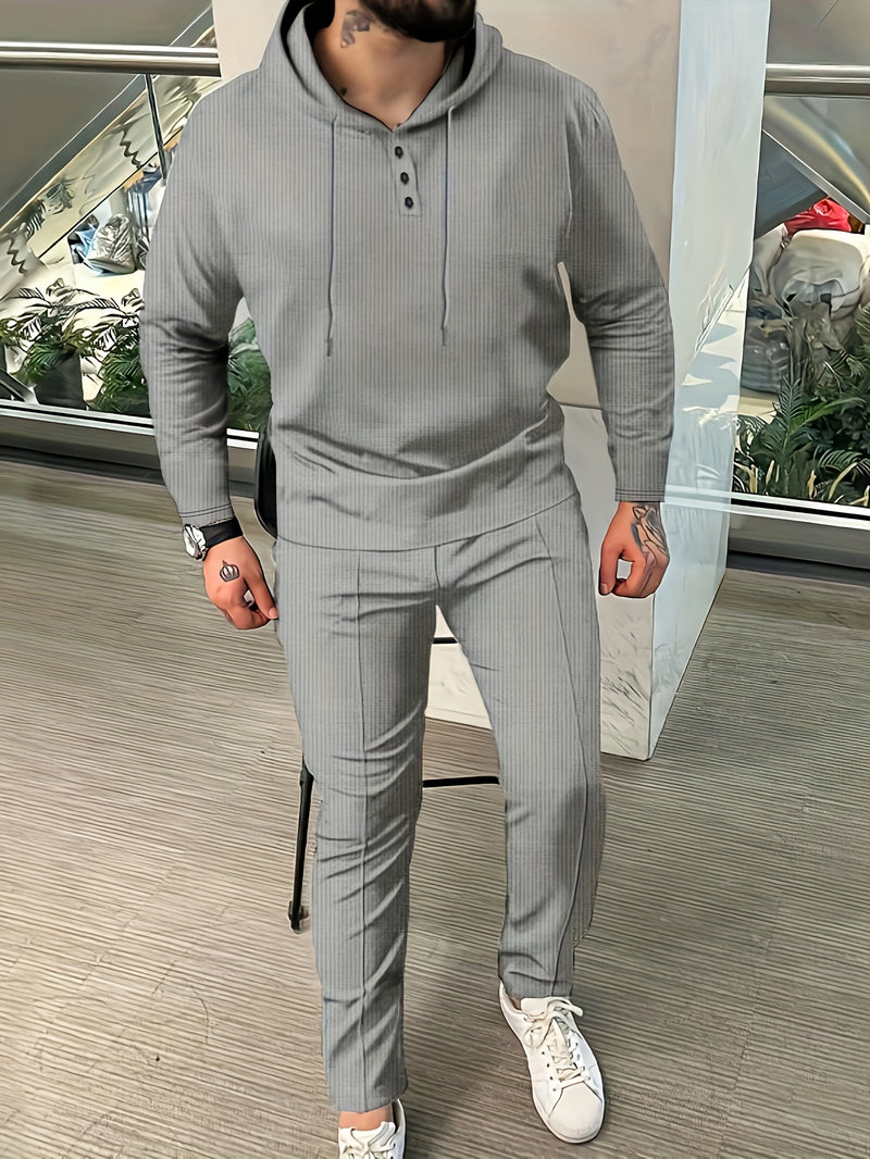 A Two-Piece Casual Outfit for Men Hooded Long-Sleeve T-Shirt.