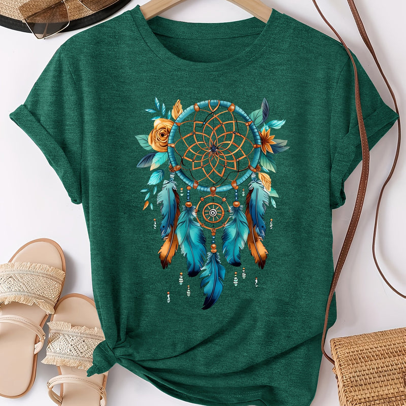 Women's Bohemian Dreamcatcher Floral Print T-Shirt.