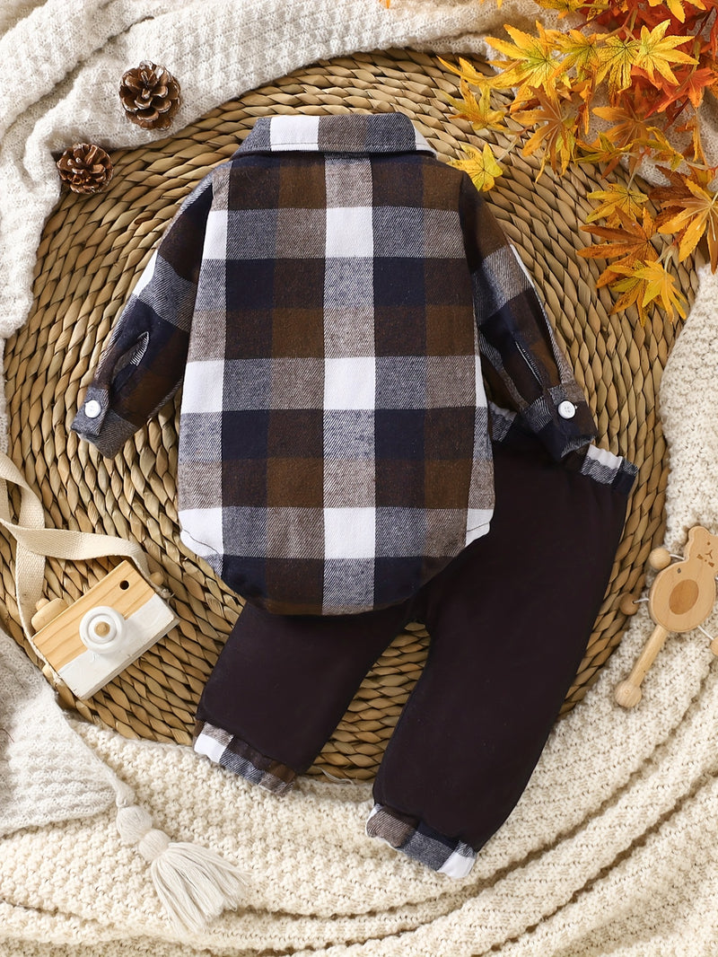 2pcs Boys Cotton Plaid Lapel Collar Button-Front Lapel Shirt & Pocket Pants.