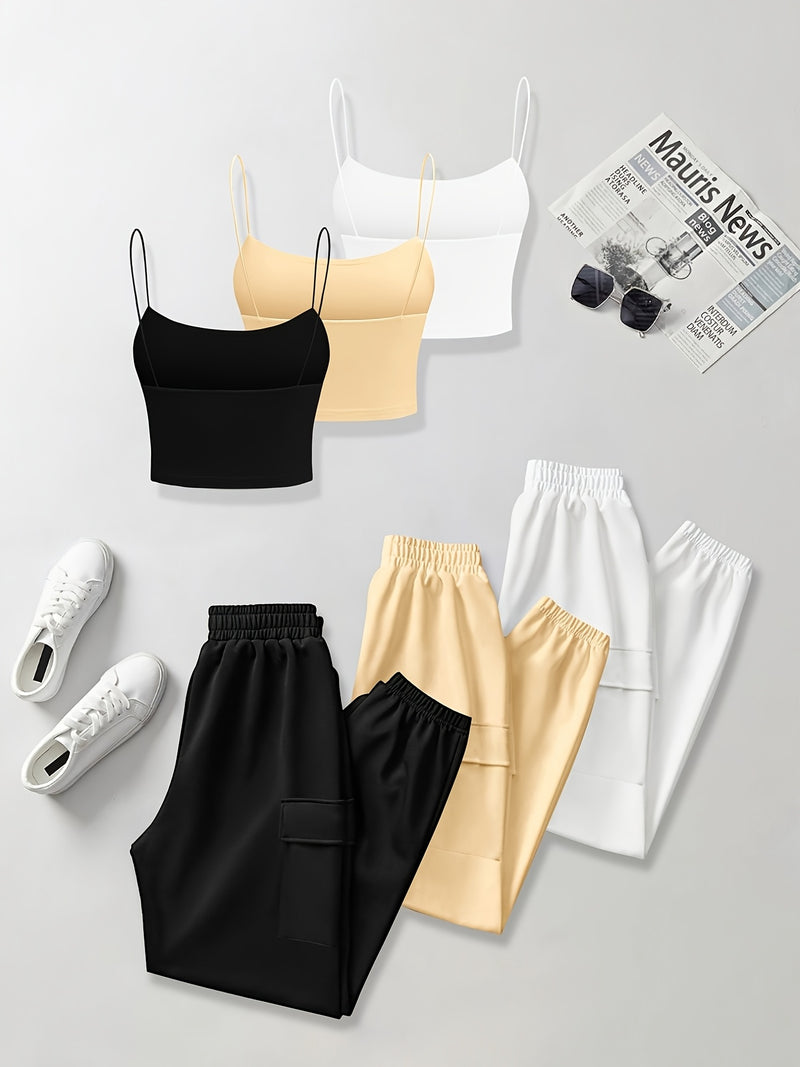 6pcs Women's Casual Short Camisole And Elastic Waist Pocket Work Pants.