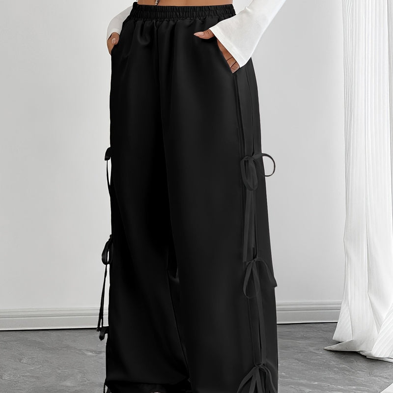 Women’s Elastic Waist Suitable for Spring, Wide-Leg Pants with Side Bow.