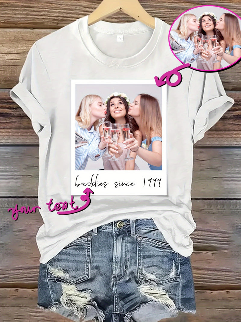 Women’s Custom Polaroid Photo & Text Commemorative T-Shirt.