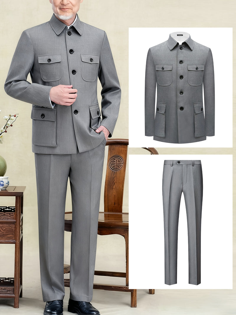 Light Business Chinese Tunic Suit Two-piece Set Jacket and Pants.