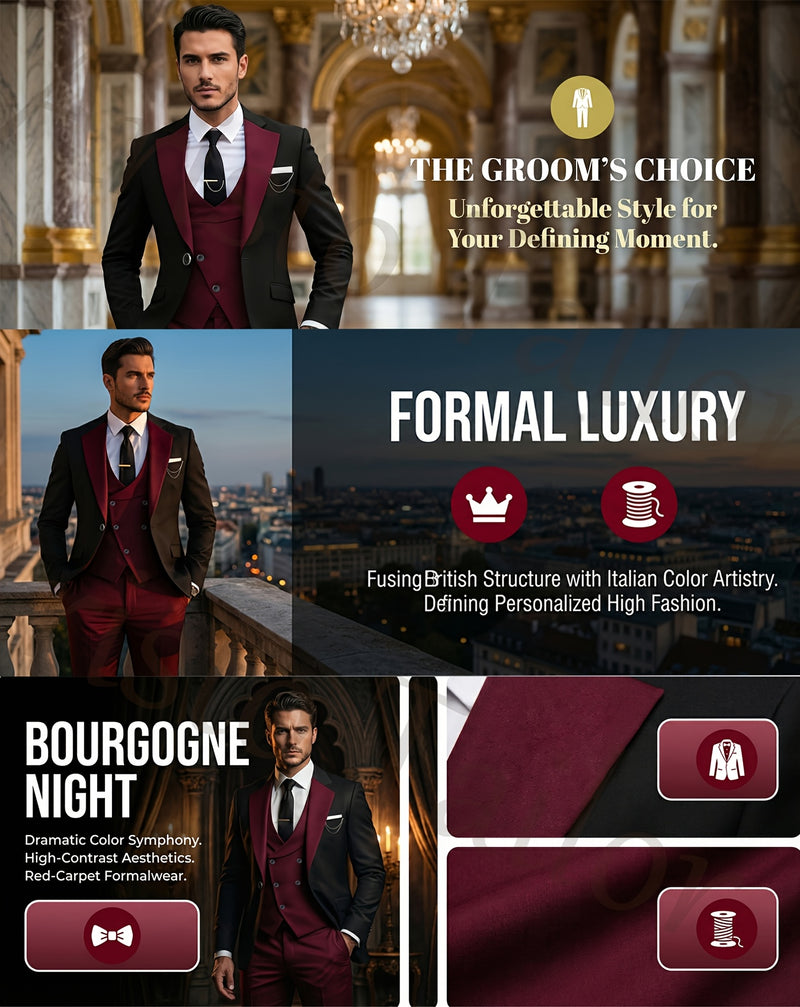 Men's 3pcs Suit Set, Blazer + Vest + Trousers.