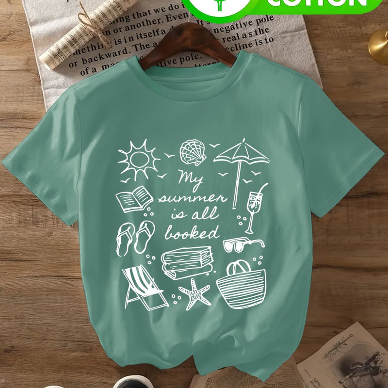 Women's Casual T-Shirt - Beach & Book Lovers Graphic Print.