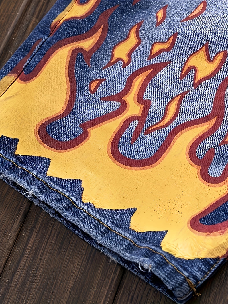 New European and American Vintage Print Ripped Jeans.