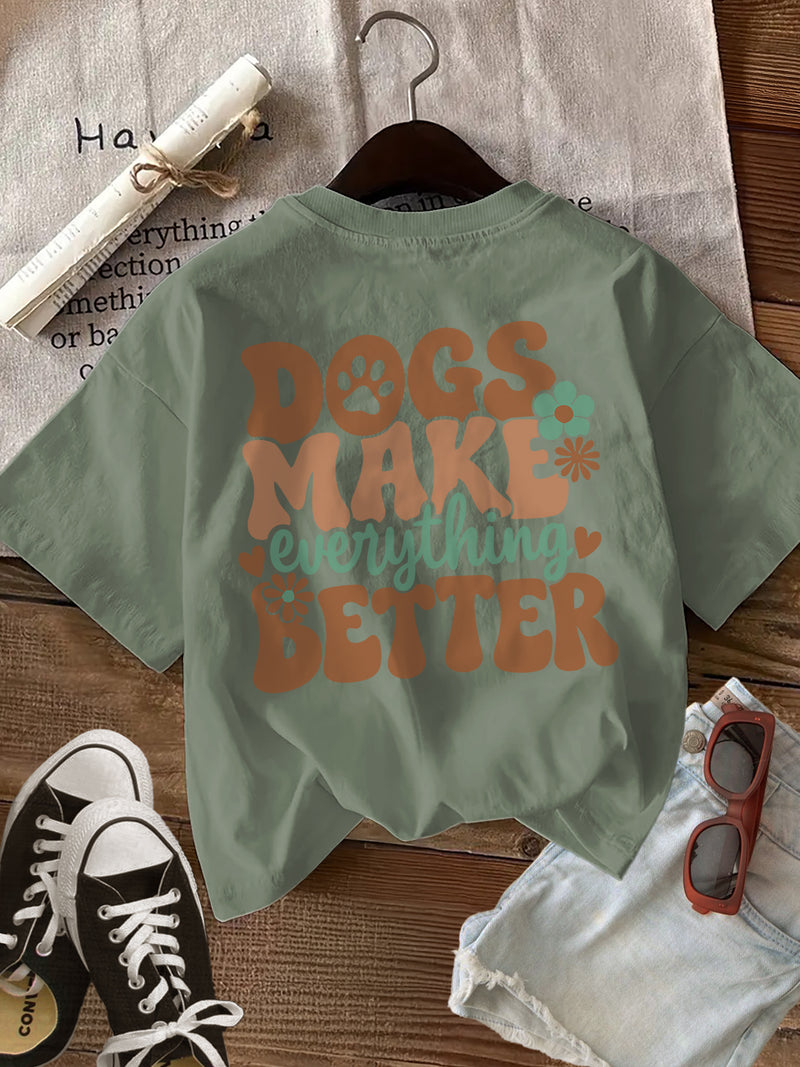 Women's Top Retro Style Paw Print Flower Dogs Make Loose Daily.