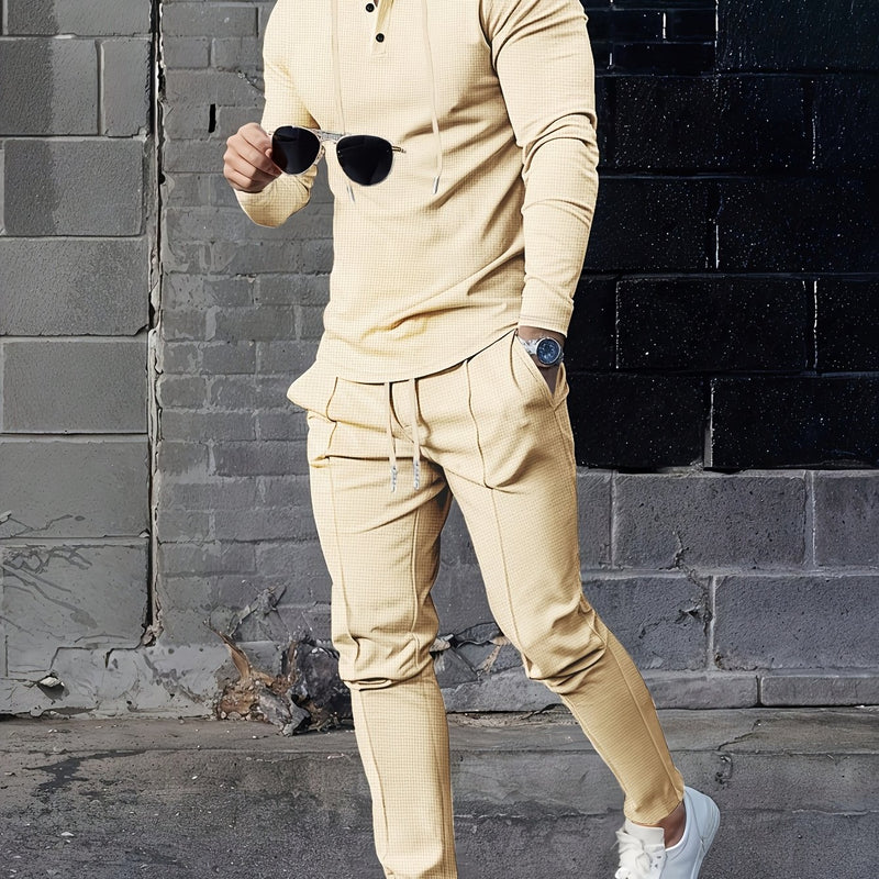 A Two-Piece Casual Outfit for Men Hooded Long-Sleeve T-Shirt.