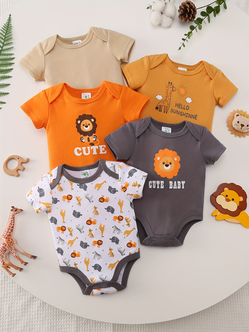 5pcs Set for Baby Boys Featuring a Cartoon Orange Lion Print.
