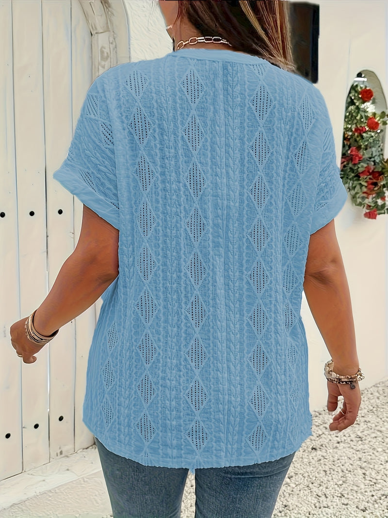 Women's Short-Sleeve V-Neck Solid Color Jacquard Hollow-Out Two-Piece T-Shirt.