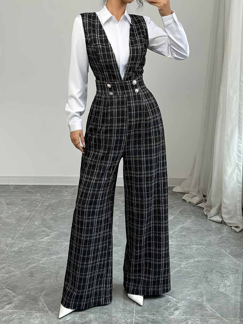 Women's Pearl Button Decorated Pocket Wide Leg Jumpsuit.