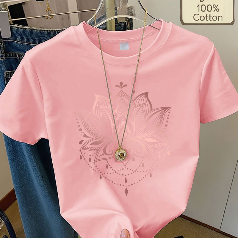 Women's Casual Home Printed Round Neck Pure Short Sleeve.