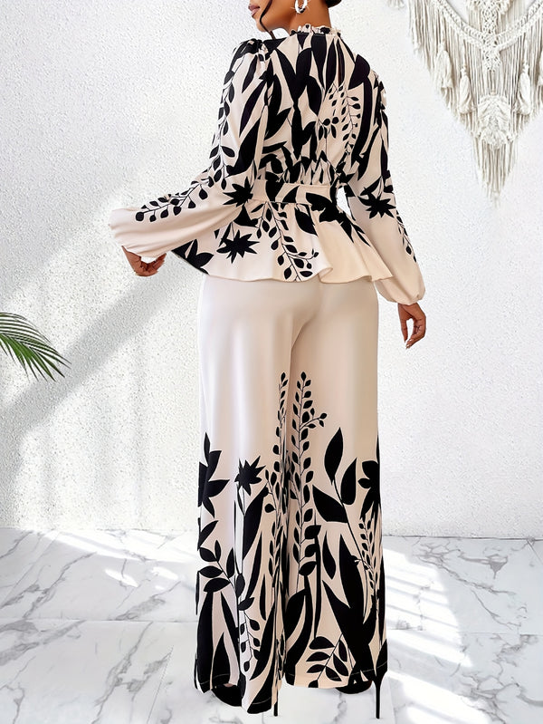 Women's Floral Print Waist Tightening Top and Wide Leg Pants Set Two-Piece.