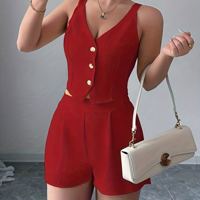 Women's Casual Commuter Simple Solid Color Front Button Vest + Shorts 2pcs.