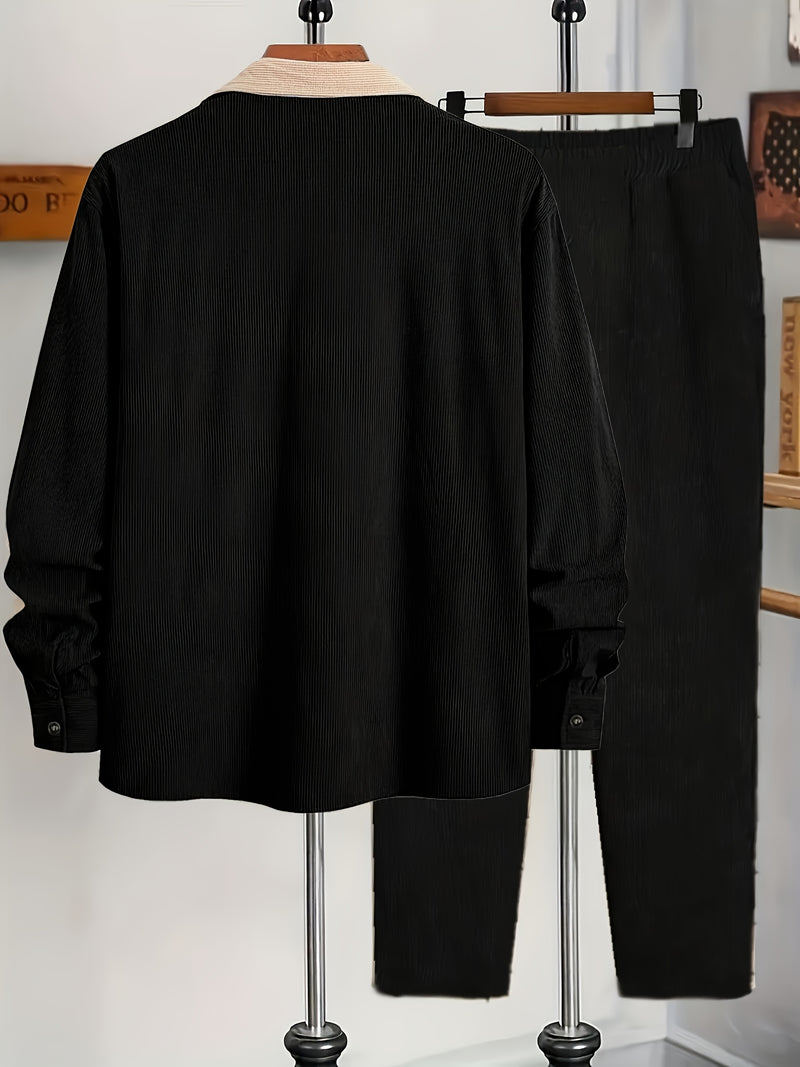 Men's Corduroy Outfit Set, Contrast Lapel Shirt Jacket + Simple Restraint Pants.