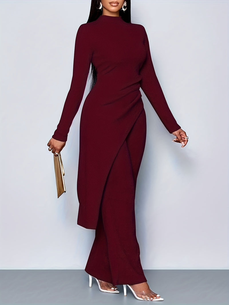 Women's Elegant Solid Color Fleece Ribbed Asymmetric Hem Top Paired with Flared Pants.
