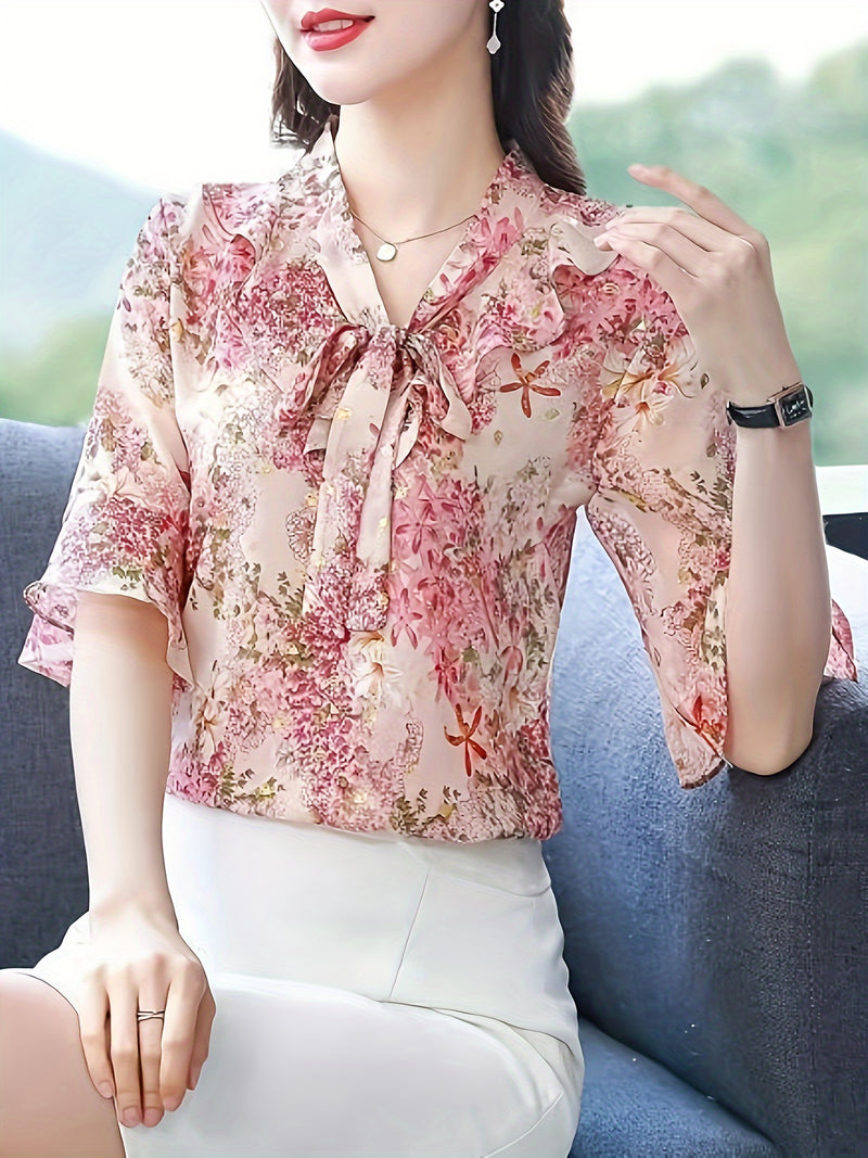 Women's Floral Print V-Neck Blouse.