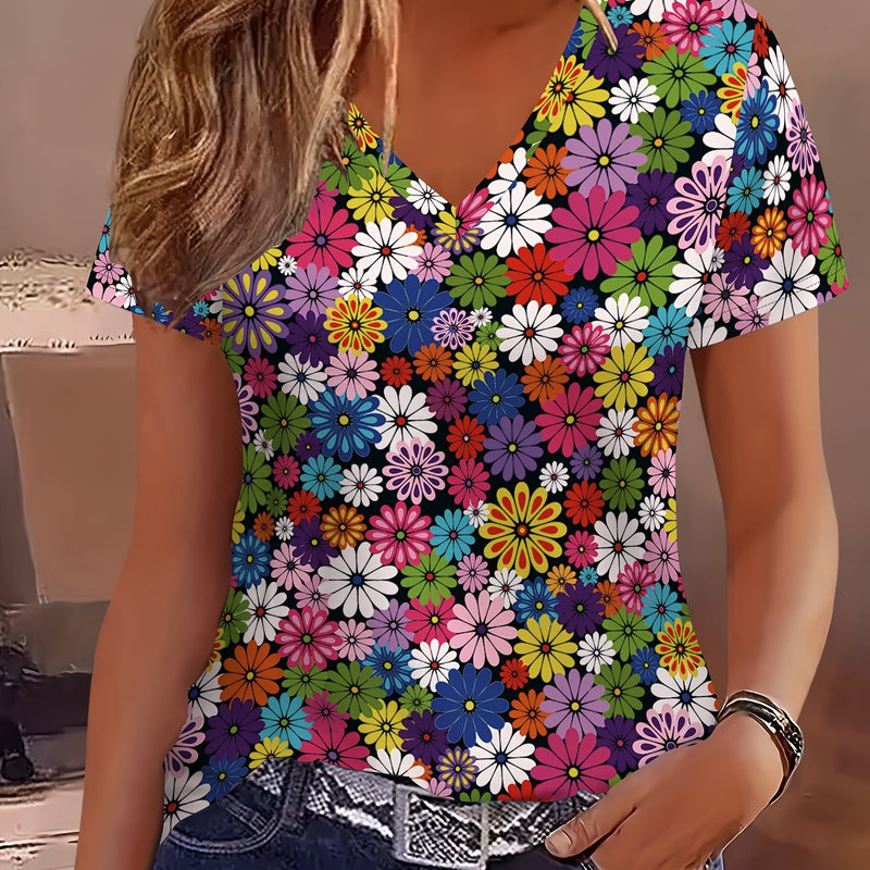 Elegant Casual Floral Print V-Neck Short Sleeve T-Shirt for Women.
