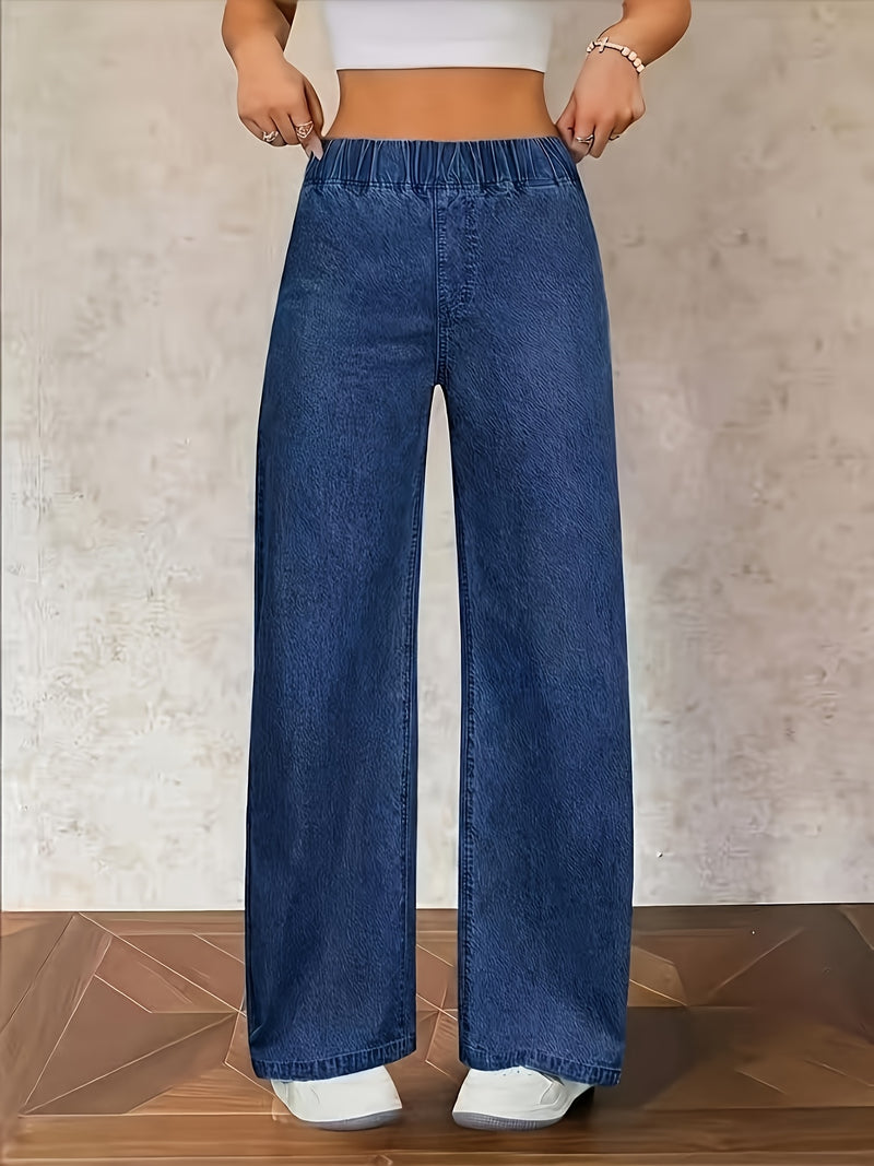 Women's Washed Casual High-Waisted Elastic Waistband Blue Jeans.
