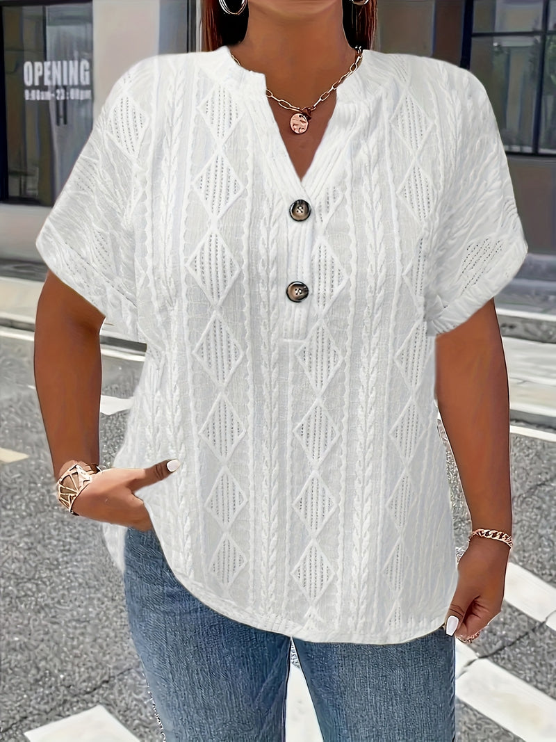 Women's Short-Sleeve V-Neck Solid Color Jacquard Hollow-Out Two-Piece T-Shirt.