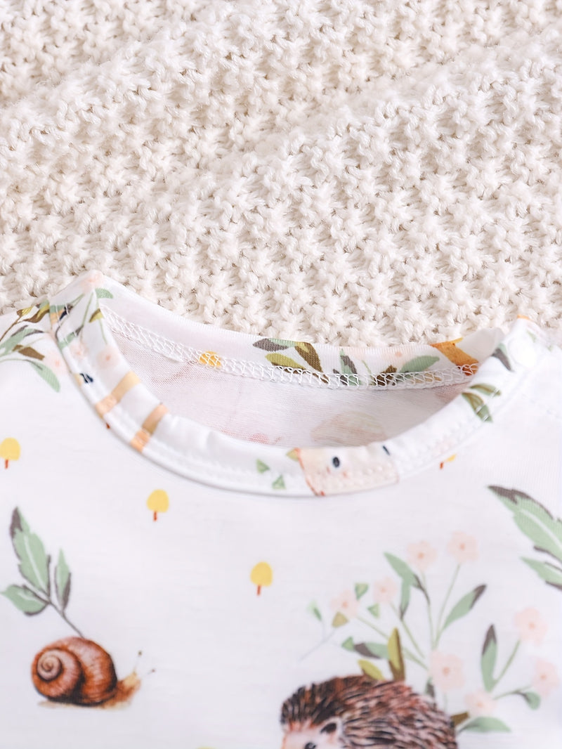 Children's Cartoon Animal Print Round Neck Long Sleeve Bodysuit.