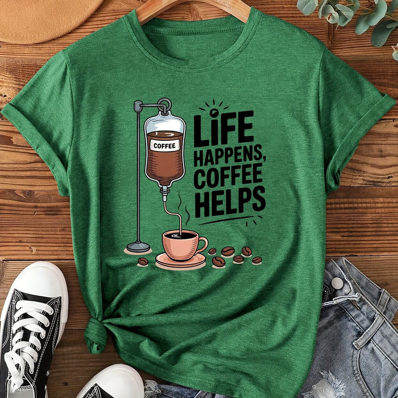 Women's Coffee-Themed T-Shirt with "Coffee Helps" Slogan.