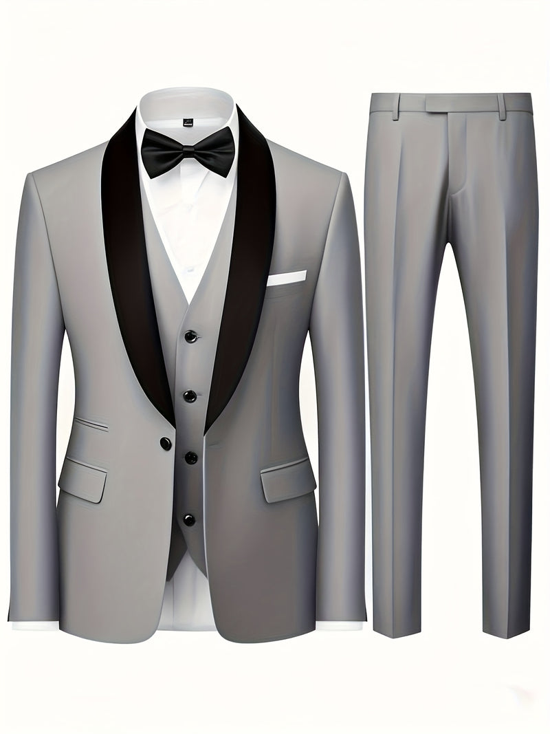 Men's 3pcs Suit with Notch Lapel, Business Formal Set, Includes Jacket.