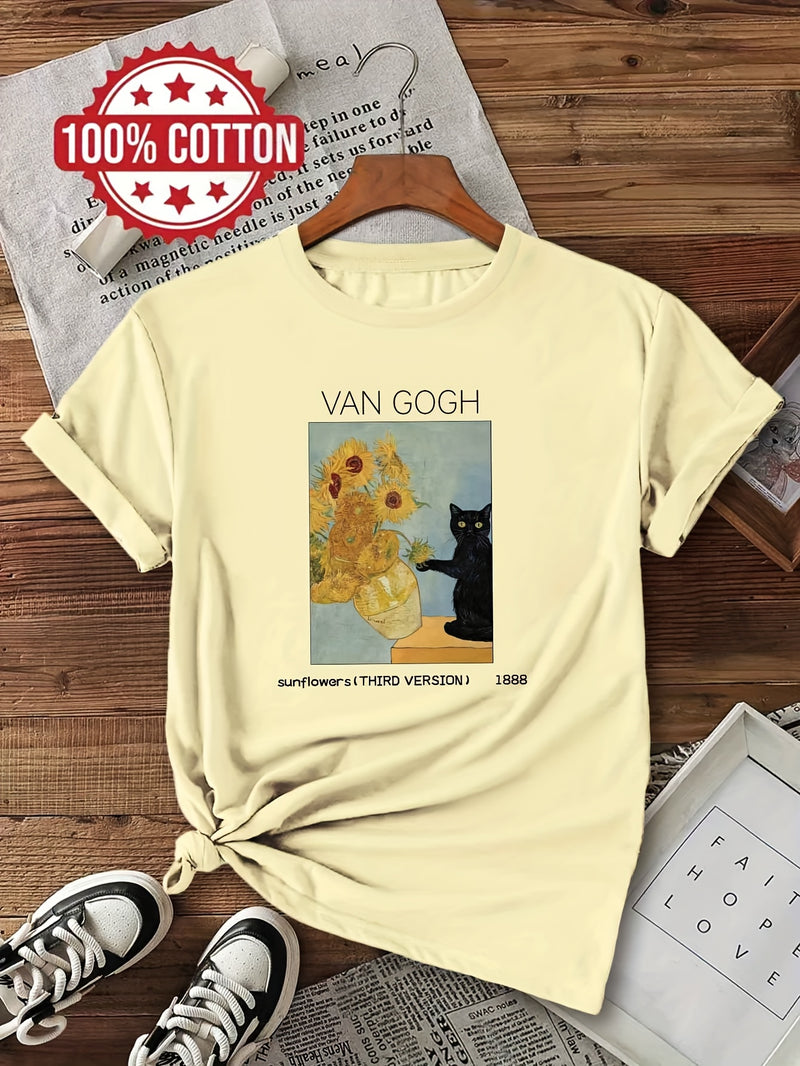 Women's Van Gogh Sunflowers & Black Cat Art Print T-Shirt.
