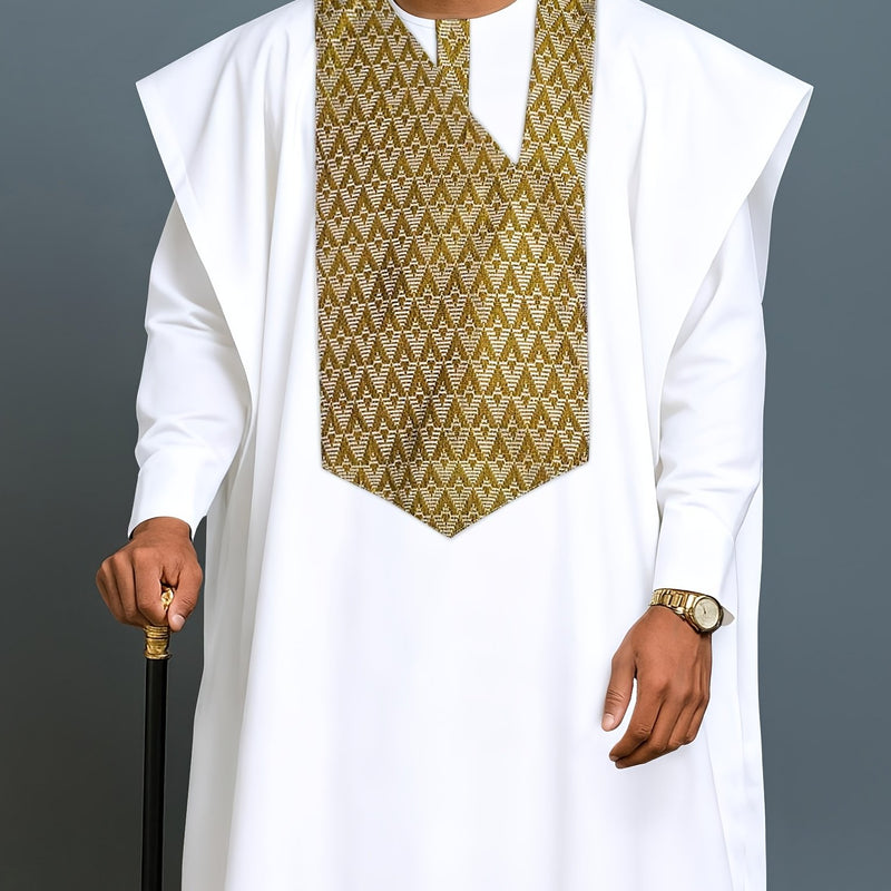 Men's Agbada Three-Piece Set, Round Neck, Hidden Buttons.