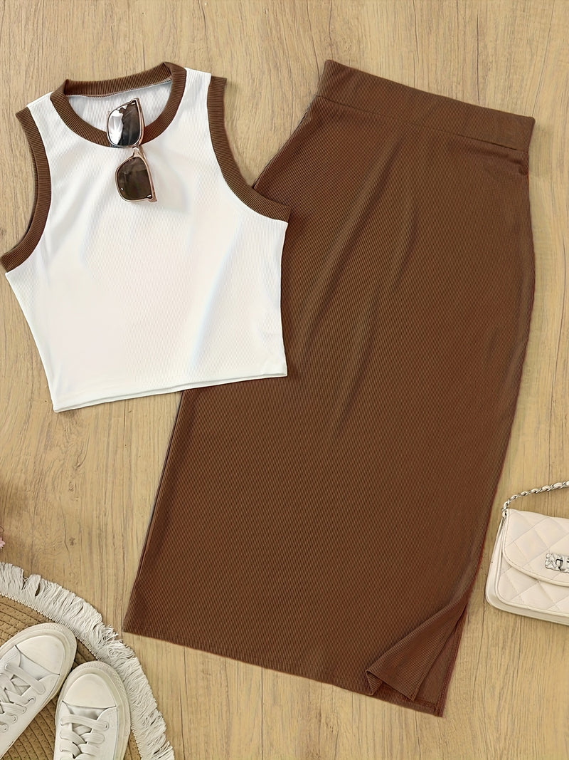 Women's Sleeveless Waistcoat and Split Skirt Set.