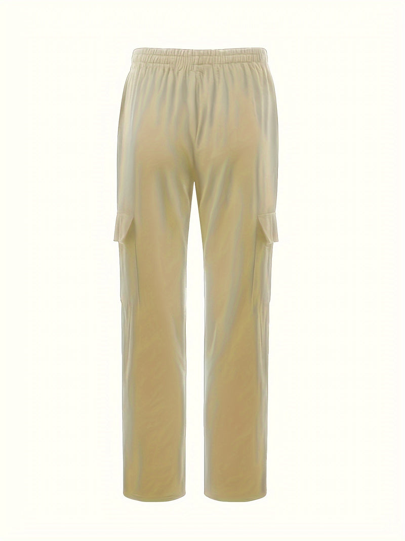 Linen Drawstring Elastic Waist Multi-Pocket Casual Long Pants.