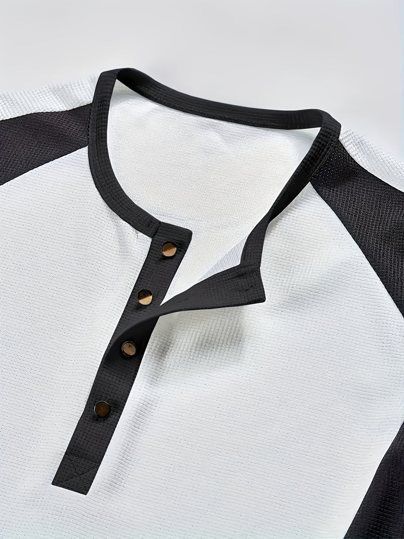 Men's Fashion Waffle Knit Color Block Button-Up Long Sleeve.