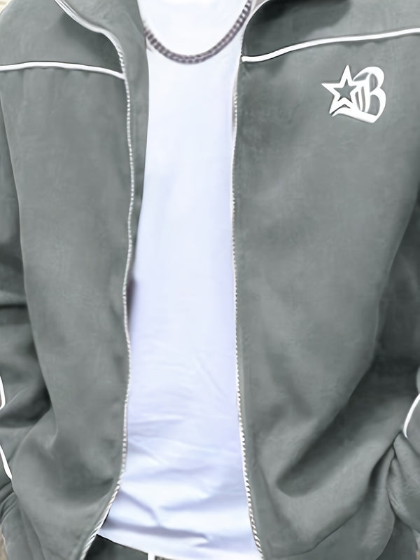 Men's Black Stand-Up Collar Metal Zipper Trendy Color.