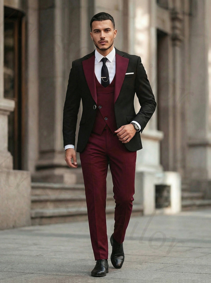 Men's 3pcs Suit Set, Blazer + Vest + Trousers.