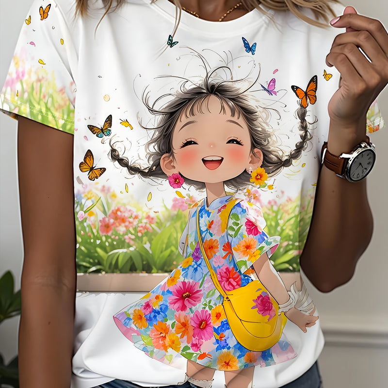 Women's Elegant Cartoon Print T-Shirt.