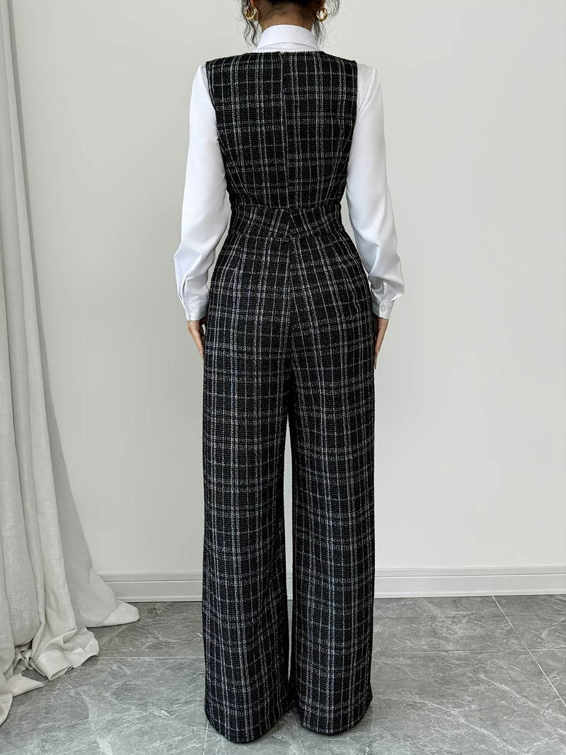 Women's Pearl Button Decorated Pocket Wide Leg Jumpsuit.