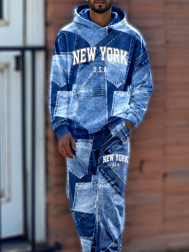 Men's Autumn Lettered Faux Denim Effect Hoodie And Sweatpants Two-Piece.