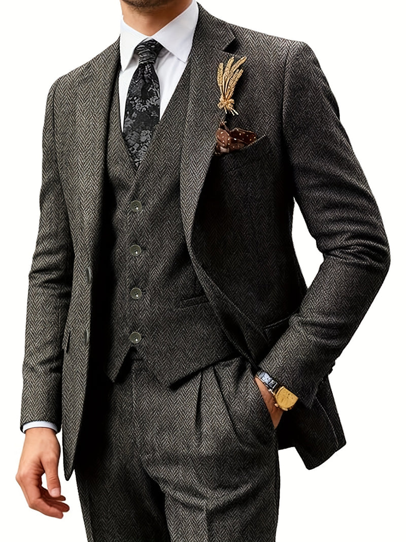 Men's Three-Piece Suit Made of Blended Herringbone Fabric.