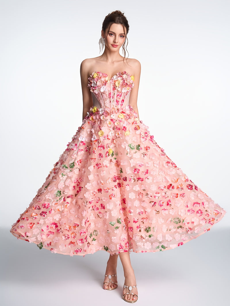 Women's Strapless 3D Floral Embellished Pink Tulle A-Line Midi Gown.