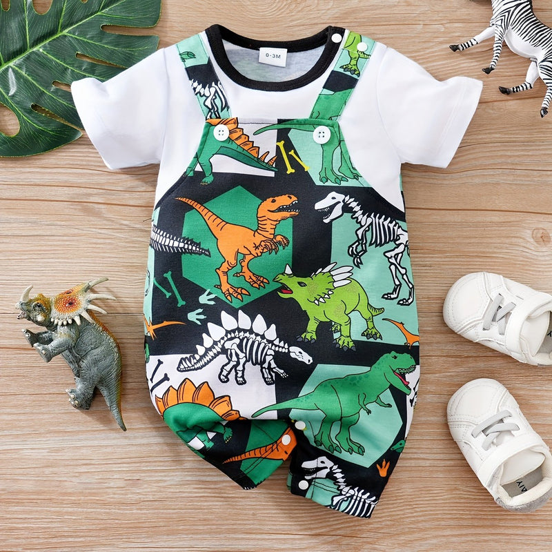 Summer Baby Romper with Cartoon Dinosaur Print And Faux Two-Piece.