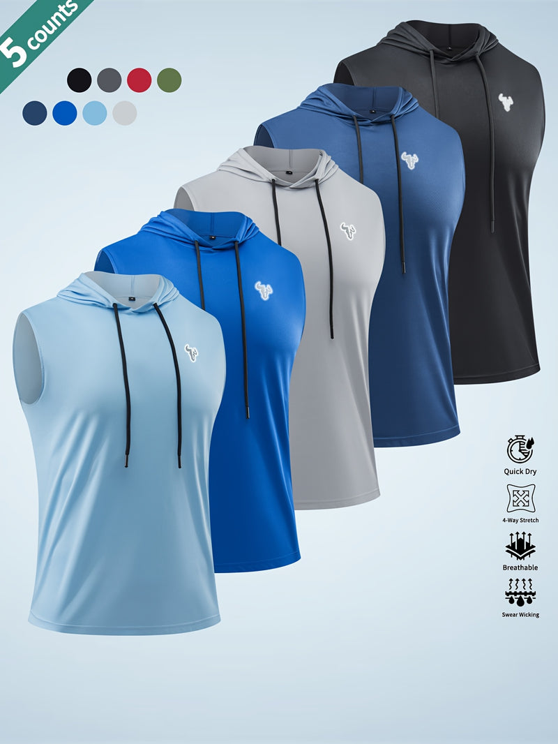 5pcs Solid Color Breathable Men's Sleeveless Hooded Tank Tops.