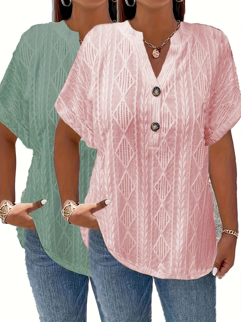 Women's Short-Sleeve V-Neck Solid Color Jacquard Hollow-Out Two-Piece T-Shirt.